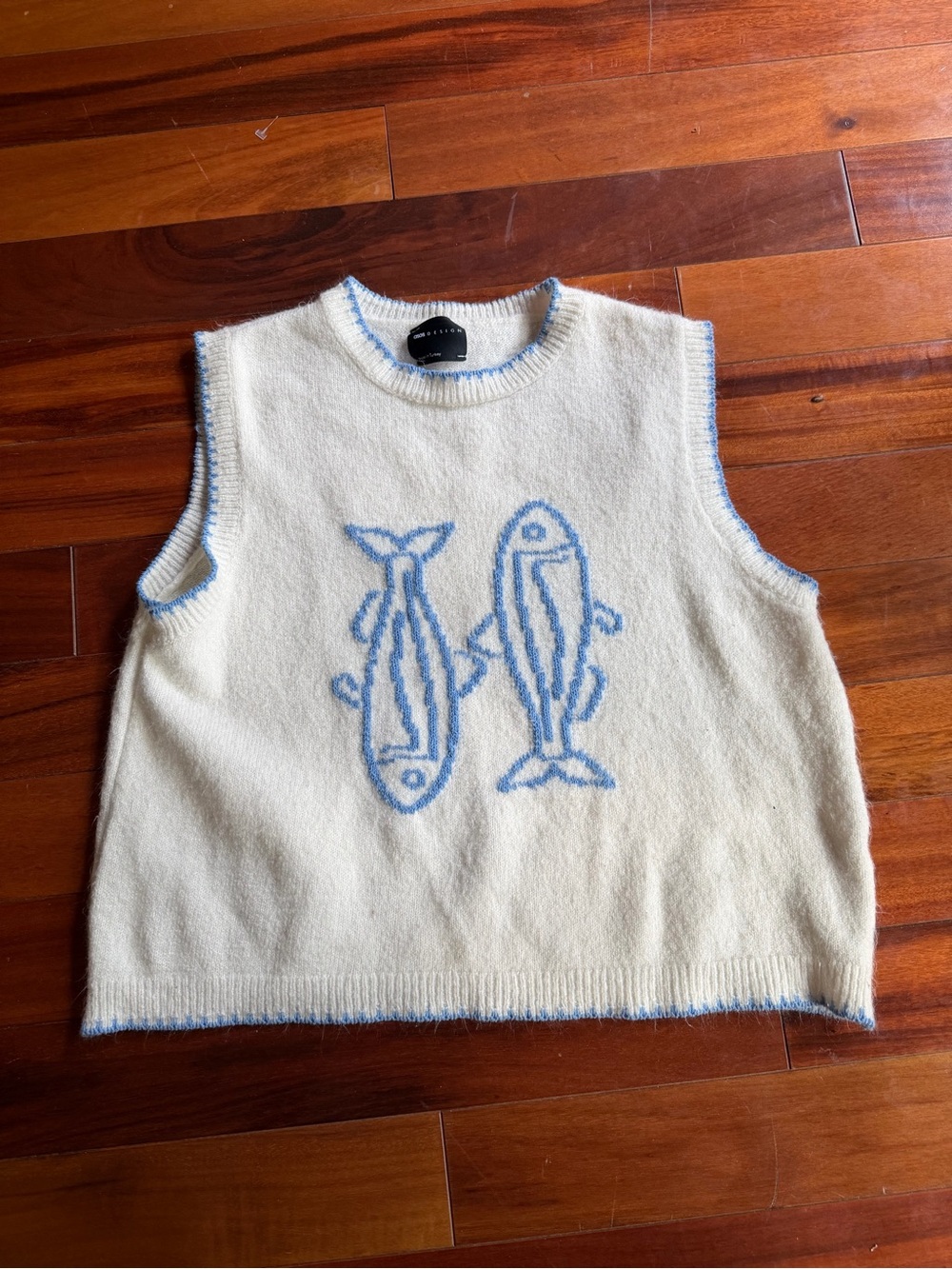 ASOS Cream Knit Fish Motif Tank Top with Blue Trim